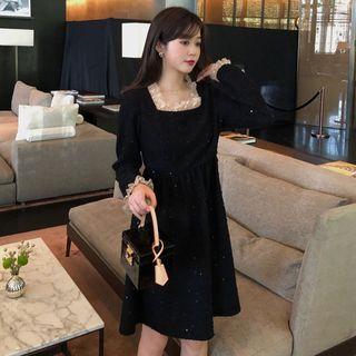 Long-sleeve Lace Trim Sequined A-line Dress