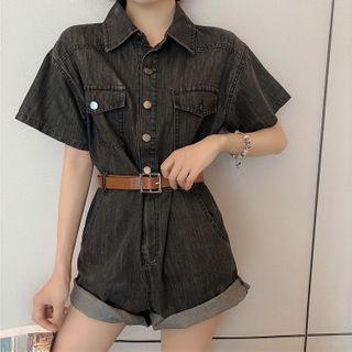 Collared Short-sleeve Denim Playsuit