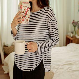 Round-hem Linen Blend Stripe T-shirt