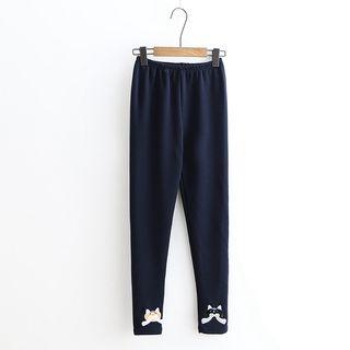 Cat Embroidered Fleece-line Cropped Pants