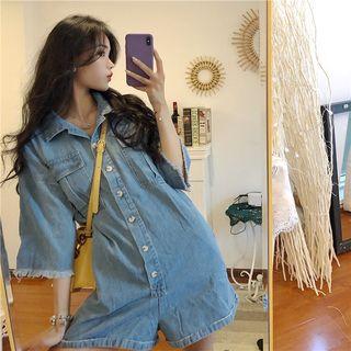 Fringed Short-sleeve Denim Playsuit
