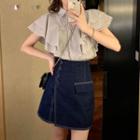 Short-sleeve Ruffle Striped Shirt / High Waist Denim Skort