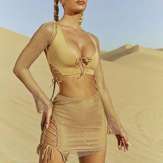 Set: Long-sleeve Rhinestone Lace-up Crop Top + Mini Skirt