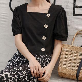 Puff-sleeve Buttoned Crop Top