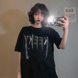 Elbow-sleeve Rhinestone Lettering T-shirt