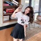 Printed Letter Short-sleeve Top / High Waist Pleated Skirt