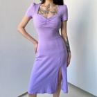 Short-sleeve Square-neck Slit A-line Dress
