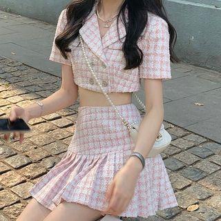 Short-sleeve Plaid Cropped Blouse / Mini Pleated Skirt
