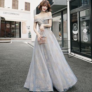Off-shoulder Floral Applique A-line Mesh Evening Gown