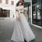 Off-shoulder Floral Applique A-line Mesh Evening Gown