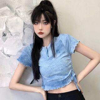 Short-sleeve Tie-dye Henley Cropped T-shirt