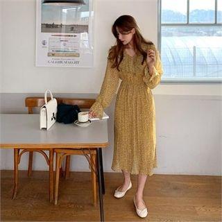 Frilled-collar Pleated-hem Floral Print Dress Yellow - One Size