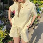 Set: Short-sleeve Bee Embroidered T-shirt + Shorts Set Of 2 - T-shirt & Shorts - Light Yellow - One Size