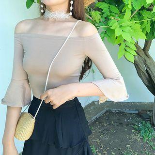 Plain Slim-fit Off-shoulder Bell-sleeve T-shirt