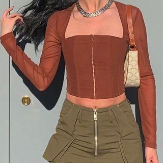 Square-neck Mesh Panel Crop Top