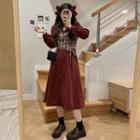 Long-sleeve Plaid Midi A-line Dress B986 - Red - One Size