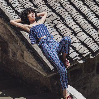 Set: Patterned Off Shoulder Top + Wide-leg Pants
