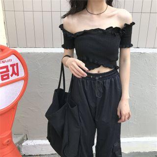 Off-shoulder Short-sleeve Top Black - One Size