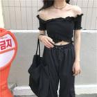 Off-shoulder Short-sleeve Top Black - One Size