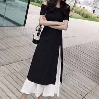 Short-sleeve Off-shoulder Top / A-line Layered Midi Skirt