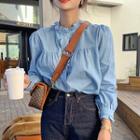Frilled Long-sleeve Blouse Blue - One Size