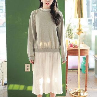 Mock-two Piece Pleated Midi Pullover Dress