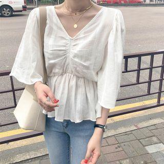 Elbow-sleeve V-neck Shirred Blouse White - One Size