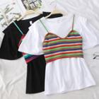 Set: Crew-neck Short-sleeve T-shirt + Striped Cropped Camisole Top