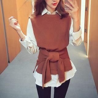Set: Bow Knit Vest + Pinstripe Long-sleeve Blouse