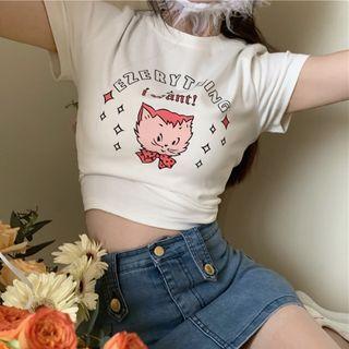 Cartoon Print Cropped T-shirt / Denim Mini Pencil Skirt
