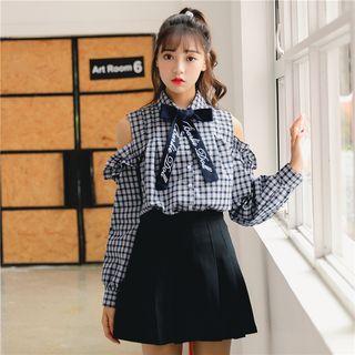 Cutout-shoulder Bow-neck Plaid Blouse Sapphire Blue - One Size