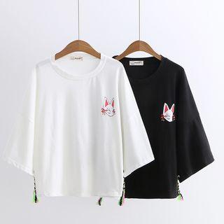 Elbow-sleeve Fox Print T-shirt