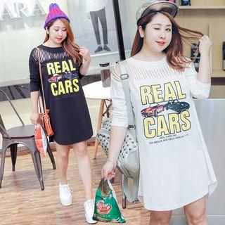 Car Print Ripped 3/4 Sleeve T-shirt Dress