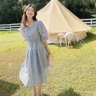 Chiffon Floral Lantern-sleeve Dress