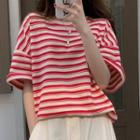 Short-sleeve Striped T-shirt Red & Beige - One Size