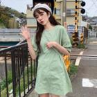 Plain Elbow-sleeve A-line Midi Dress Mint Green - One Size