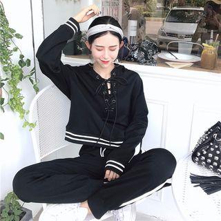 Set: Hooded Lace-up Top + Sweatpants