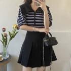 Short-sleeve Collar Striped T-shirt / Mini A-line Skirt