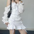 Bell-sleeve Off-shoulder Eyelet Mini Sheath Dress