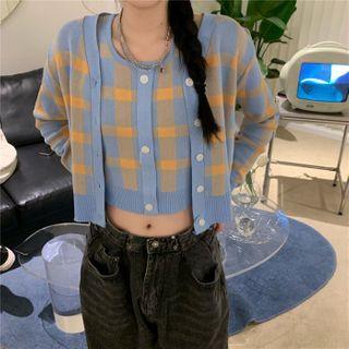 Set: Plaid Cropped Cardigan + Button-up Sweater Vest
