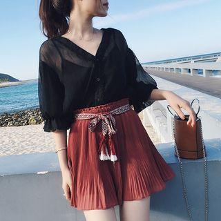 Set: Elbow-sleeve Chiffon Blouse + Wide Leg Shorts + Camisole