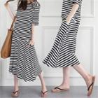 Set: Elbow-sleeve Stripe T-shirt + A-line Maxi Skirt