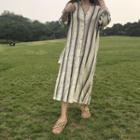 Collared Striped Shirt Dress White - One Size