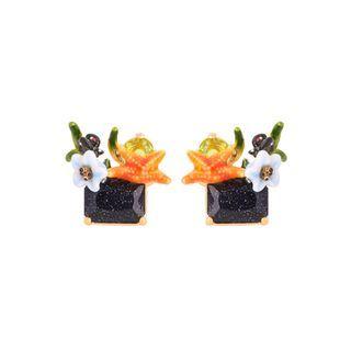 Fashion Cute Plated Gold Enamel Starfish Flower Cubic Zirconia Stud Earrings Golden - One Size