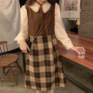 Peter Pan Collar Lace Shirt / Sleeveless Plaid Panel Dress