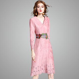 Long-sleeve V-neck Embroidered Dress