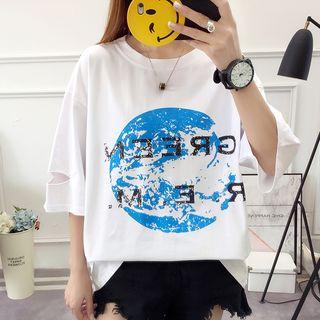 Printed Distressed 3/4-sleeve T-shirt