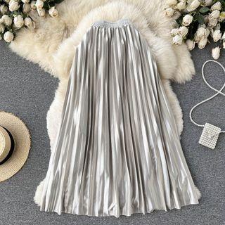 Plain Accordion Pleat A-line Maxi Skirt Silver - One Size