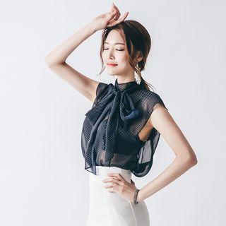 Bow Dotted Short-sleeve See-through Top