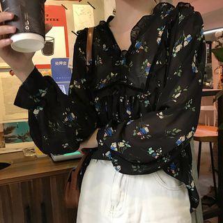Long-sleeve Frill Trim Floral Chiffon Blouse